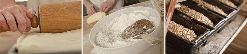 Collage of the baking process. (1) A hand rolling dough with a roller. (2) Bowl of flour with a spoon. (3) Baked breads in pans on a counter top.