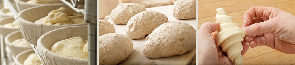 (1) Dough in baskets on a shelving unit. (2) Dough sitting in rows on a counter. (3) Two hands holding a croissant dough.